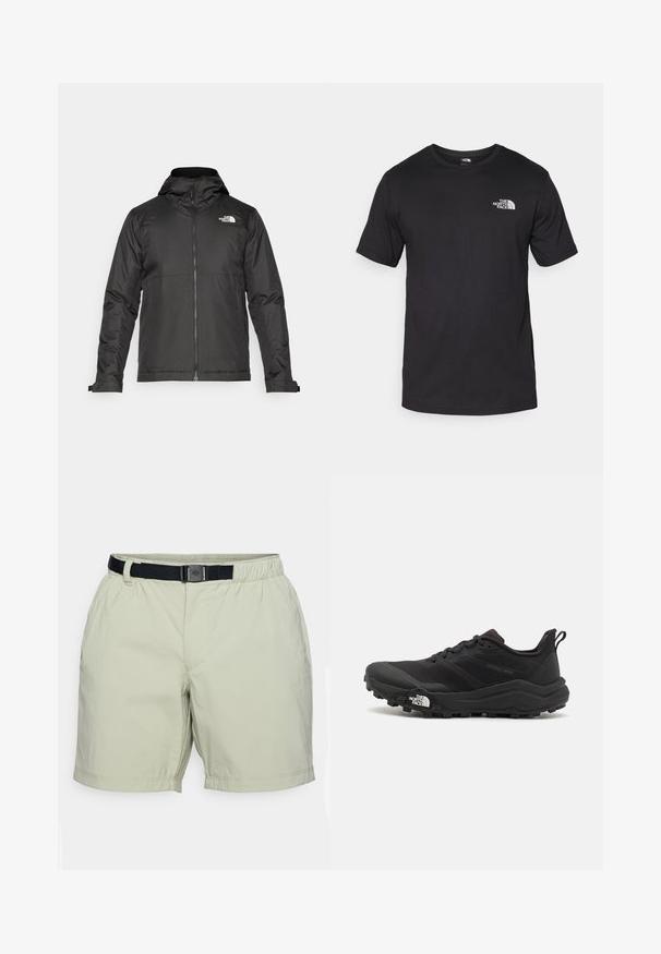 Juoda zip-up striukė su kapišonu, pagaminta iš lygios medžiagos. Yra logotipas ant krūtinės ir reguliuojamos rankogaliai, užtikrinantys tvirtą prigludimą.; Juodas trumpas rankovės marškinėliai, pagaminti iš medvilnės, su apvaliu kaklu ir mažu baltu logotipu viršutiniame kairiajame krūtinės kampe.; Šviesiai žali šortai, pagaminti iš lengvos medžiagos, su elastinga juosmeniu ir reguliuojamu juodu diržu bei šoninėmis kišenėmis.; Juoda bėgimo batai su tekstūruotu paviršiumi, guma padais ir sustiprinta pirštų dalimi. Yra paminkštinta apykaklė ir kilpos, leidžiančios lengvai užsidėti.