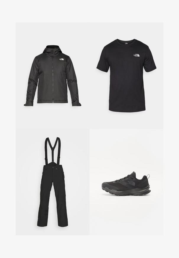 Černá zipová bunda s kapucí, vyrobená z hladké tkaniny. Obsahuje logo na hrudi a nastavitelné manžety pro pohodlné nošení.; Černé tričko s krátkým rukávem vyrobené z bavlny, s kulatým výstřihem a malým bílým logem na horní levé části hrudi.; Černé vysoce výkonné sněhové kalhoty s nastavitelnými kšandy, předními zipovými kapsami a hladkou, odolnou texturou.; Černá sportovní bota s prodyšným svrškem, gumovou podrážkou a polstrovaným límcem. Obsahuje tkaničky, logo na boku a strukturovaný design.