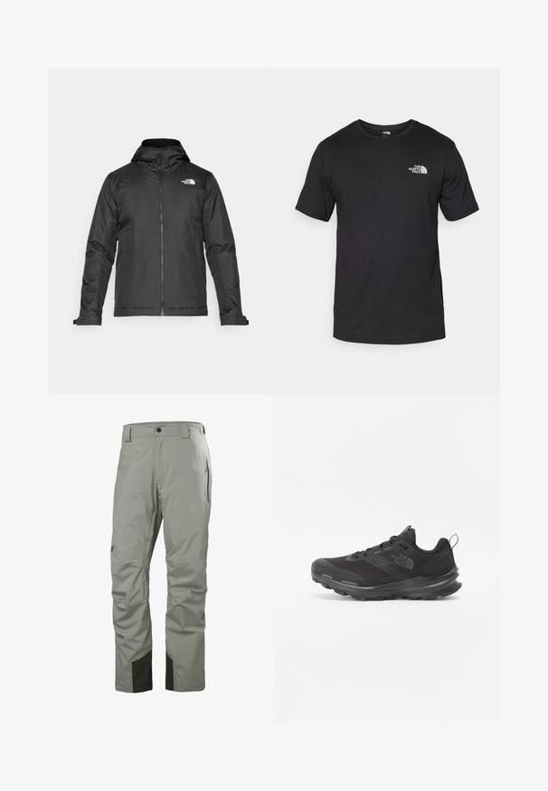 Czarna kurtka zapinana na zamek z kapturem, wykonana z gładkiego materiału. Posiada logo na piersi oraz regulowane mankiety zapewniające dopasowanie.; Czarna koszulka z krótkim rękawem wykonana z bawełny, z okrągłym dekoltem i małym białym logo na górnej lewej części klatki piersiowej.; Jasnoszare wodoodporne spodnie wykonane z materiału syntetycznego o gładkiej fakturze. Mają czarne akcenty na dole oraz boczne kieszenie na zamek błyskawiczny.; Czarne buty sportowe z siateczkowym wierzchem, gumową podeszwą i wyściełanym kołnierzem. Posiadają sznurówki, logo z boku oraz teksturowany wzór.