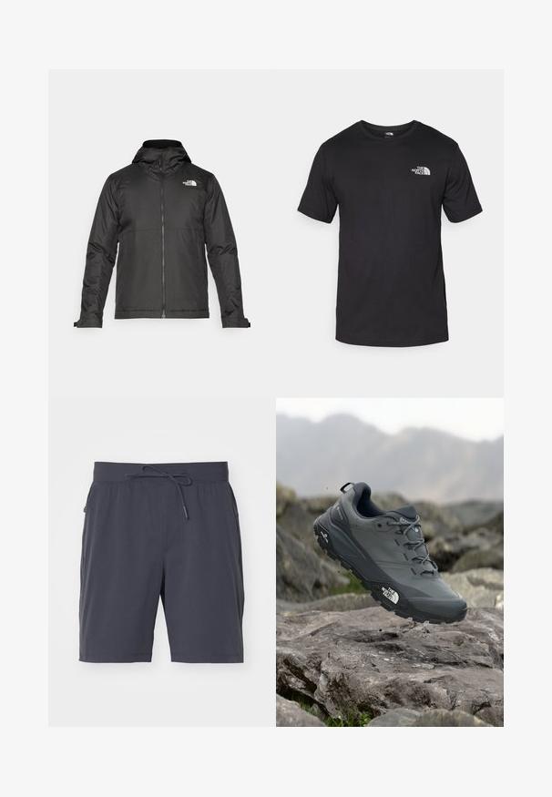 Fekete zipzáras dzseki, kapucnival, sima anyagból készült. A mellkasán logóval és állítható mandzsettákkal rendelkezik a kényelmes illeszkedés érdekében.; Fekete rövidujjú pamut póló, kerek nyakkivágással, a bal felső mellkason egy kis fehér logóval.; Sötétszürke rövidnadrág rugalmas derékkal és húzózsinórral. Sima anyag, két oldalsó zseb és térd alatti hosszúság. Nincsenek látható minták.; Szürke terepfutó cipő, texturált felsőrésszel, tartós gumitalppal és megerősített orr résszel. Fekete fűzők és márka logó a cipő oldalán.