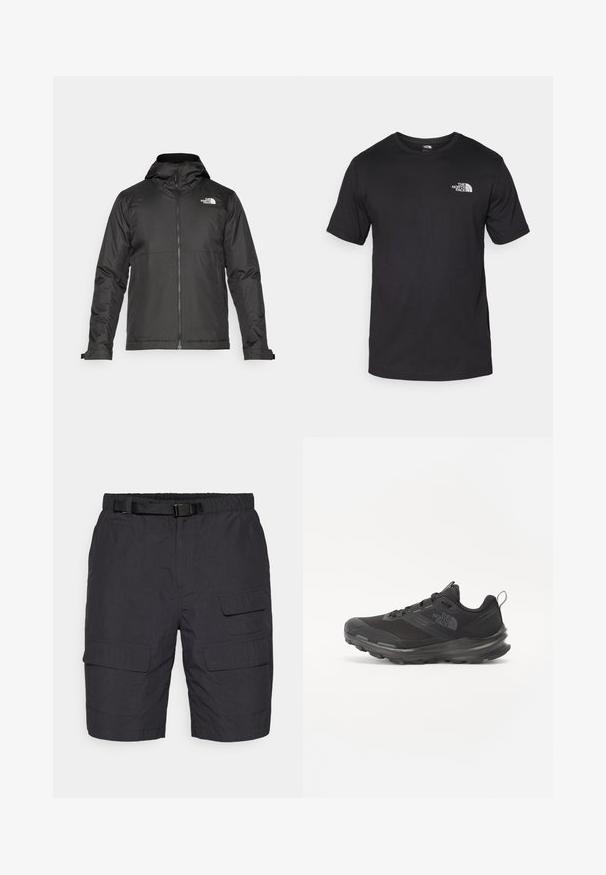 Musta vetoketjullinen takki, jossa on huppu ja joka on valmistettu sileästä kankaasta. Takissa on logo rinnassa ja säädettävät hihansuut tiiviin istuvuuden saavuttamiseksi.; Mustat lyhythihaiset t-paidat, jotka on valmistettu puuvillasta. paidassa on pyöreä pääntie ja pieni valkoinen logo vasemmassa ylärintataskussa.; Mustat cargo-shorts itelastic waistband ja säädettävällä vyöllä. Sisältää kaksi cargo-taskua kummallakin puolella ja teksturoitua kangasta.; Musta urheilujalkine, jossa on verkko päällinen, kumipohja ja pehmustettu varsi. Varusteena nauhat, logo sivussa ja teksturoitu kuvio.