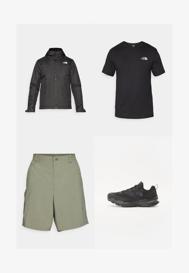 Juoda zip-up striukė su kapišonu, pagaminta iš lygios medžiagos. Yra logotipas ant krūtinės ir reguliuojamos rankogaliai, užtikrinantys tvirtą prigludimą.; Juodas trumpas rankovės marškinėliai, pagaminti iš medvilnės, su apvaliu kaklu ir mažu baltu logotipu viršutiniame kairiajame krūtinės kampe.; Columbia BAHAMA™ - Lauko šortai - cypress; Juodos sportinės bateliai su tinklelio viršumi, guminiais padu ir paminkštintu apykakle. Yra raišteliai, logotipas šone ir tekstūruotas dizainas.