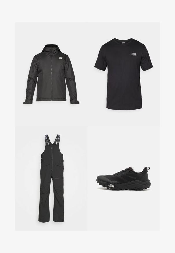 Zwarte zip-up jas met een capuchon, gemaakt van gladde stof. Heeft een logo op de borst en verstelbare manchetten voor een comfortabele pasvorm.; Zwarte T-shirt met korte mouwen van katoen, voorzien van een ronde halslijn en een klein wit logo op de bovenste linkerkant van de borst.; Zwarte waterproof bretels met verstelbare banden, een rits aan de voorkant en meerdere zakken, met versterkte beenpanelen voor duurzaamheid.; Zwarte trailrunning schoen met een gestructureerde bovenkant, rubberen zool en versterkte neus. Voorzien van een gevoerde kraag en een trekhaak voor eenvoudig aan- en uittrekken.