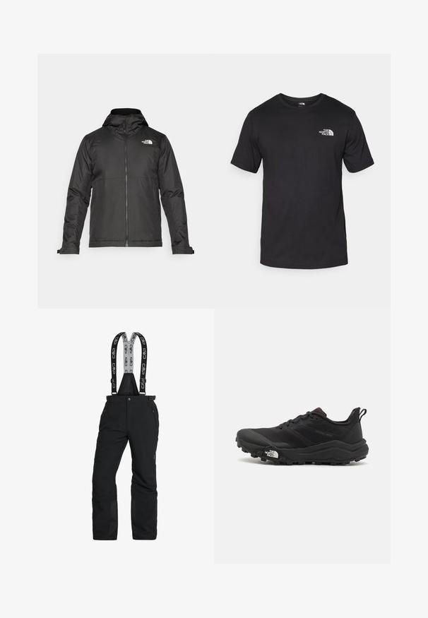 Črna zip-up jakna s kapuco, izdelana iz gladkega materiala. Ima logo na prsih in nastavljive manšete za udobno prileganje.; Črna kratko sleeved majica iz bombaža, s krožnim izrezom in majhnim belim logotipom na zgornjem levem delu prsnega koša.; Črne snežne hlače z nastavljivimi naramnicami, žepki z zadrgo in ojačanimi gležnji. Narejene so iz vodoodpornega materiala z gladko teksturo.; Črne tekaške čevlje za trail s teksturirano zgornjega dela, gumijastim podplatom in ojačanim zaključkom prstov. Vključuje oblazinjen ovratnik in zanko za enostavno obuvanje.