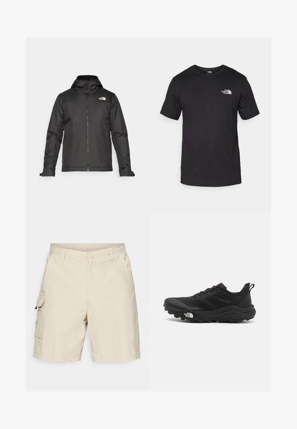 Chaqueta negra con cremallera y capucha, hecha de un tejido suave. Cuenta con un logo en el pecho y puños ajustables para un ajuste ceñido.; Camiseta negra de manga corta, hecha de algodón, con un cuello redondo y un pequeño logo blanco en la parte superior izquierda del pecho.; Bermudas cargo beige con bolsillos laterales, cierre de botón y un tejido texturizado. Presenta una pequeña etiqueta en el bolsillo izquierdo.; Zapatilla de trail running negra con upper texturizado, suela de goma y puntera reforzada. Presenta un collar acolchado y una lengüeta para poner y quitar fácilmente.