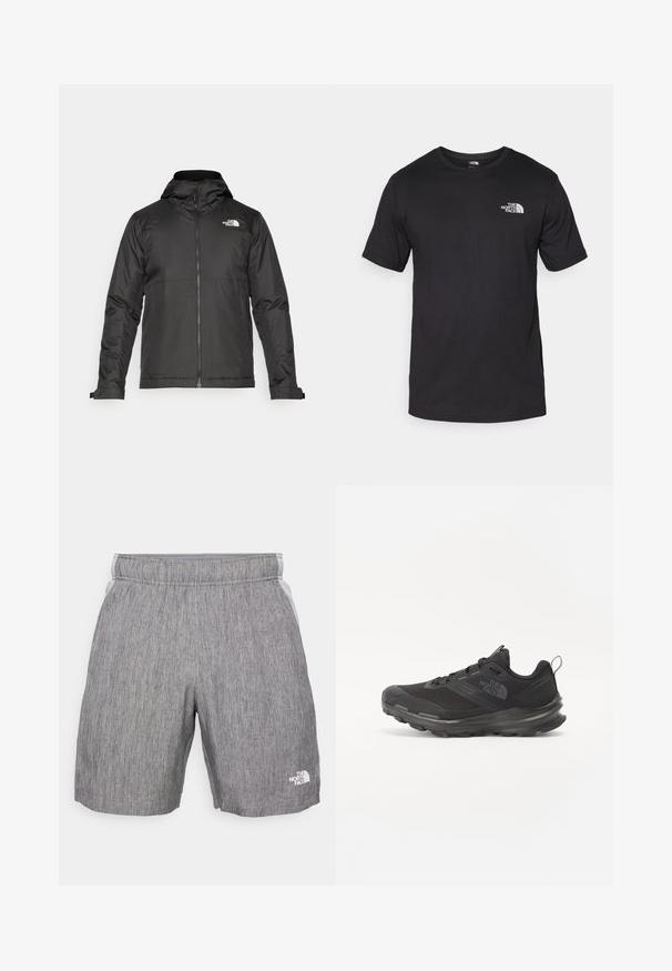 Musthave musta kapuutsiga fliisjakk, mis on valmistatud siledast kangast. Uhkeldab rindkere kohal oleva logoga ning reguleeritavate mansettidega, et tagada mugav ja tihe istuvus.; Must have lühikeste varrukatega must T-särk, mis on valmistatud puuvillast, ümmarguse kaelusega ja väikese valge logoga vasakus ülanurgas.; Hallid hallid spordilühikesed, millel on tekstuuritud kangas, elastne vöökoht, küljetaskud ja valge logo vasakul jalal.; Must use õhku läbilaskvat võrku ülemise ja kummist välispõhjaga mustad atleetijalatsid, millel on polsterdatud kaelus. Omab nööre, logo küljel ja tekstuurset disaini.