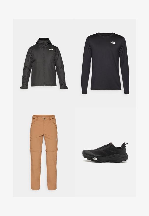 Melna zip-up jakas ar kapuci, izgatavota no gludas auduma. Tajā ir logo uz krūtīm un regulējami aproces, lai nodrošinātu ciešu piegulšanu.; Garās piedurknes melna sporta t-kreklu, izgatavots no viegla auduma, ar baltu logo augšējā kreisajā krūtī. Gluda tekstūra.; Mammut RUNBOLD ZIP OFF PANTS MEN - Āra bikses - claystone; Melnas taku skriešanas kurpes ar teksturētu virsu, gumijas zoli un pastiprinātu pirkstu daļu. Aprīkotas ar mīkstu apkakli un vilkšanas cilpu, lai viegli uzvilktu.