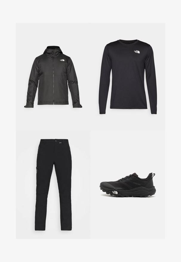 Svart zip-up jacka med huva, tillverkad av mjukt tyg. Funktionen inkluderar en logotyp på bröstet och justerbara ärmslut för en tät passform.; Långärmad svart prestandatröja i lätt tyg, med en vit logotyp på övre vänster bröst. Slät textur.; Svarta vandringsbyxor av hållbart tyg, med två framfickor med dragkedja, knäpaneler och justerbara remmar i midjan och vid ärmarna.; Svart terränglöparsko med en strukturerad ovandel, gummisula och förstärkt tåhätta. Har en vadderad krage och en dragflik för enkel påtagning.