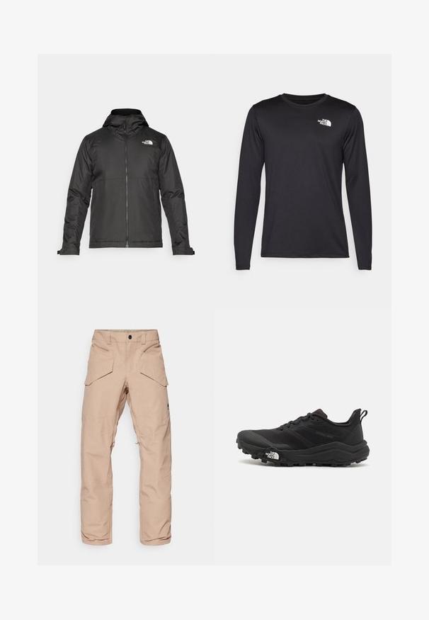 Black zip-up jacket with a hood, made of smooth fabric. Features a logo on the chest and adjustable cuffs for a snug fit.; Long-sleeved black performance t-shirt made of lightweight fabric, featuring a white logo on the upper left chest. Smooth texture.; Light beige cargo pants with a water-resistant fabric, featuring multiple pockets, reinforced knees, and a zippered lower leg for adjustability.; Black trail running shoe with a textured upper, rubber sole, and reinforced toe cap. Features a padded collar and pull tab for easy wear.