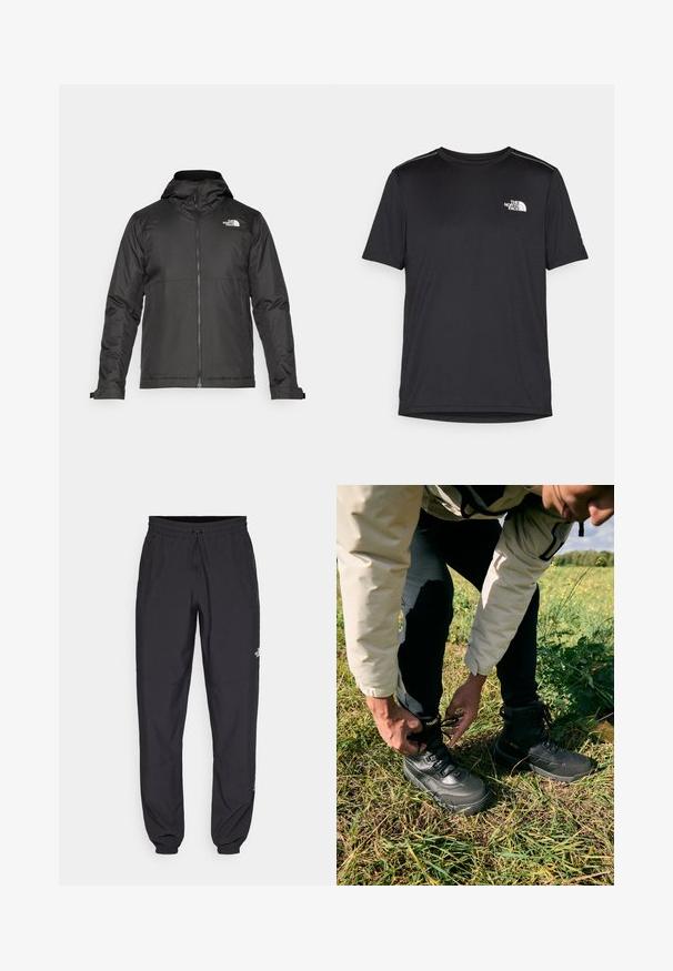 Čierna zipsová bunda s kapucňou, vyrobená z hladkej látky. Má logo na hrudi a nastaviteľné manžety pre tesné obopnutie.; Čierne tričko s krátkym rukávom vyrobené z ľahkej tkaniny. Obsahuje malé biele logo na ľavej hrudi a jemné akcenty na pleciach.; Čierne športové nohavice vyrobené z ľahkej tkaniny, s elastickým pásom na šnurovanie, bočnými vreckami a zúženými manžetami na členkoch.; Čierne vonkajšie topánky s textúrovaným koženým zvrškom a gumovou podrážkou. Nositeľka si utiahne šnúrky, zatiaľ čo stojí na tráve.