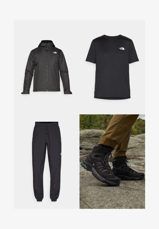 Melna zip-up jakas ar kapuci, izgatavota no gludas auduma. Tajā ir logo uz krūtīm un regulējami aproces, lai nodrošinātu ciešu piegulšanu.; Melnas īsām piedurknēm T-kreklas, izgatavots no viegla auduma. Uz kreisā krūtīm ir neliels balts logo un smalki plecu akcenti.; Melni sporta bikses, kas izgatavotas no viegla auduma, ar savelcamu jostu, sānu kabatām un sašaurinātiem apakšējiem galiem pie potītēm.; Melnas kāpšanas zābaki ar sietu un ādas virsu, izturīgu zoli, regulējamiem šņorēm un mīkstinātu apkaklīti, novietoti uz akmeņainas virsmas.