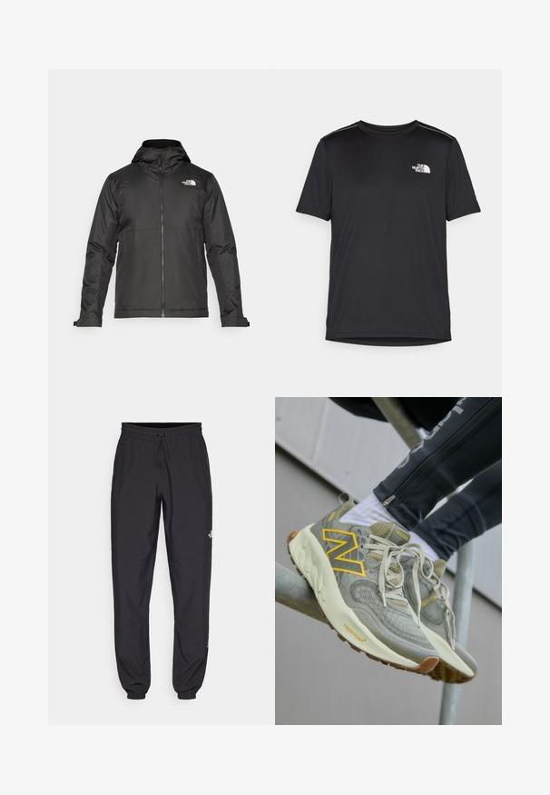 Veste zippée noire avec capuche, en tissu lisse. Présente un logo sur la poitrine et des poignets ajustables pour un ajustement parfait.; T-shirt noir à manches courtes en tissu léger. Présente un petit logo blanc sur la poitrine gauche et des accents subtils aux épaules.; Pantalon de sport noir en tissu léger, avec une taille à cordon, des poches latérales et des chevilles resserrées.; Des baskets New Balance gris clair avec un logo "N" jaune, un upper en maille texturée, un système de laçage et une semelle rembourrée de couleur blanc cassé. Détail de la semelle extérieure marron.