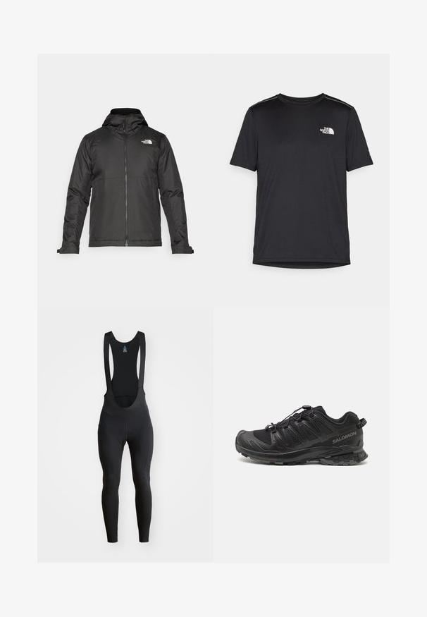 Musthave musta kapuutsiga fliisjakk, mis on valmistatud siledast kangast. Uhkeldab rindkere kohal oleva logoga ning reguleeritavate mansettidega, et tagada mugav ja tihe istuvus.; Must mustaöödiga must T-särk, mis on valmistatud kerge riidekanga. Esiküljel on vasakul rinnal väike valge logo ning õlgadel on peened aktsendid.; Mustad rattad sportlikud püksid, millel on rihmad, elastne kangas ja polsterdatud isteosa. Sile tekstuur ja lamedad õmblused mugavuseks.; Mustamoodne spordijalanõud, mille üleosa on võrkpitsiga, kummist välistald ja elastne kinnitus. Omab tugevdust varbaküljel ja tekstuure elemendid.