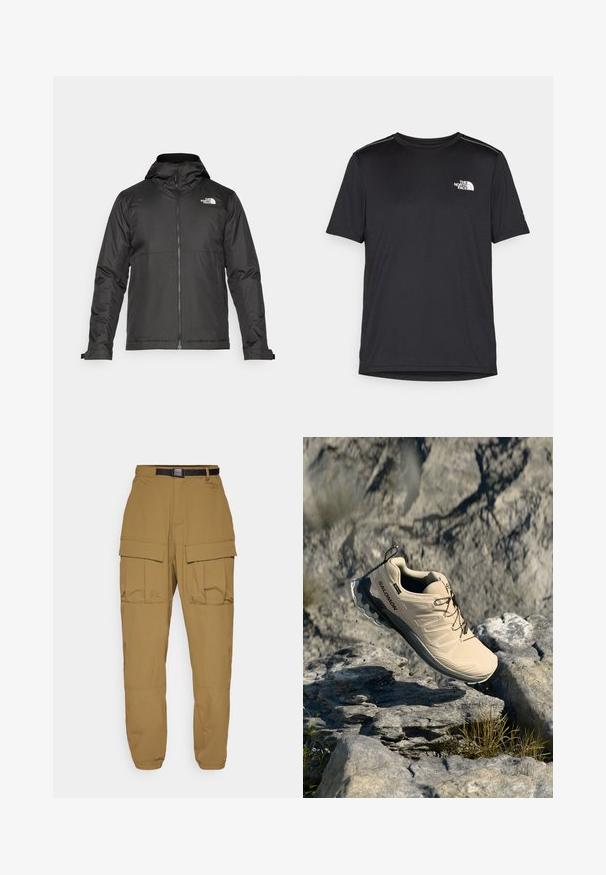 Fekete zipzáras dzseki, kapucnival, sima anyagból készült. A mellkasán logóval és állítható mandzsettákkal rendelkezik a kényelmes illeszkedés érdekében.; Fekete, rövid ujjú póló, könnyű anyagból készült. Bal mellen egy kis fehér logó található, és finom vállrész kiemelések.; Kaki cargo nadrág, laza fazonnal, több nagy zsebbel, állítható fekete övvel és rugalmas mandzsettával a bokánál.; Barna Salomon terepfutó cipő a levegőben, sziklás kültéri táj felett, ahol szórványosan fű és apró kövek találhatók.