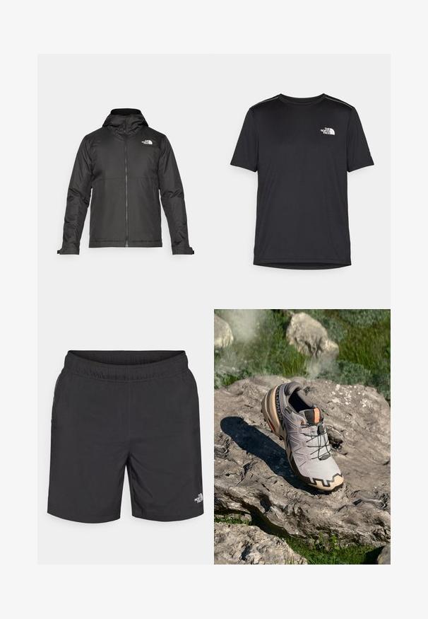 Melna zip-up jakas ar kapuci, izgatavota no gludas auduma. Tajā ir logo uz krūtīm un regulējami aproces, lai nodrošinātu ciešu piegulšanu.; Melnas īsām piedurknēm T-kreklas, izgatavots no viegla auduma. Uz kreisā krūtīm ir neliels balts logo un smalki plecu akcenti.; Melni šorti ar elastīgu jostasvietu, viegla auduma, sānu kabatām un nelielu baltu logo apakšējā labajā pusē.; Gaišs pelēks taku skriešanas apavs ar bēšiem akcentiem, teksturēta virsma, melnas mežģīnes un izteikta zole. Satur zīmola logo.