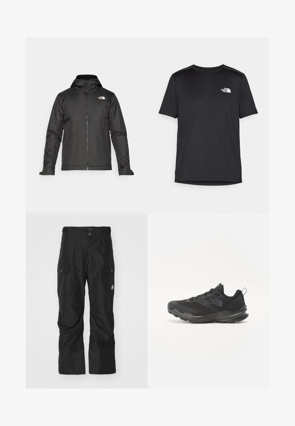 Fekete zipzáras dzseki, kapucnival, sima anyagból készült. A mellkasán logóval és állítható mandzsettákkal rendelkezik a kényelmes illeszkedés érdekében.; Fekete, rövid ujjú póló, könnyű anyagból készült. Bal mellen egy kis fehér logó található, és finom vállrész kiemelések.; Fekete cargo nadrág, vízálló anyagból készült, két oldalsó zsebbel, megerősített alsó lábbal és gombos záródással a deréknál.; Fekete sportcipő hálós felsőrésszel, gumitalppal és párnázott gallérral. Fűzős, oldalán logóval és textúrázott dizájnnal rendelkezik.