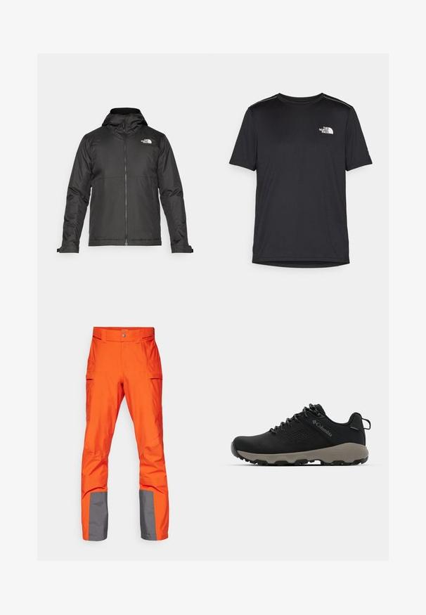 Sort lynlåsjakke med hætte, lavet af glat stof. Har et logo på brystet og justerbare manchetter for en tætsiddende pasform.; Sort t-shirt med korte ærmer lavet af letvægtsstof. Har et lille hvidt logo på venstre bryst og diskrete skuldrelementer.; Lys orange vandtætte bukser med grå accenter ved buksebenene, udstyret med en flad talje og flere sidelommer. Glat tekstur.; Sort vandresko med en glat overdel, perforeret design, grå ydersål og forstærket hæl. Har snørebånd og en træksløjfe for nem påtagning.