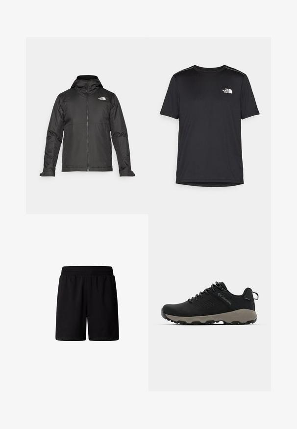 Czarna kurtka zapinana na zamek z kapturem, wykonana z gładkiego materiału. Posiada logo na piersi oraz regulowane mankiety zapewniające dopasowanie.; Czarny t-shirt z krótkim rękawem, wykonany z lekkiego materiału. Posiada małe białe logo na lewej piersi oraz subtelne akcenty na ramionach.; Czarne sportowe spodenki z elastycznym paskiem w talii. Wykonane z miękkiej, lekkiej tkaniny o gładkiej fakturze, bez widocznych wzorów lub ozdób.; Czarne buty trekkingowe z gładką cholewką, perforowanym wzorem, szarym podeszwą oraz wzmocnionym obcasem. Wyposażone w sznurowadła oraz pętelkę umożliwiającą łatwe zakładanie.