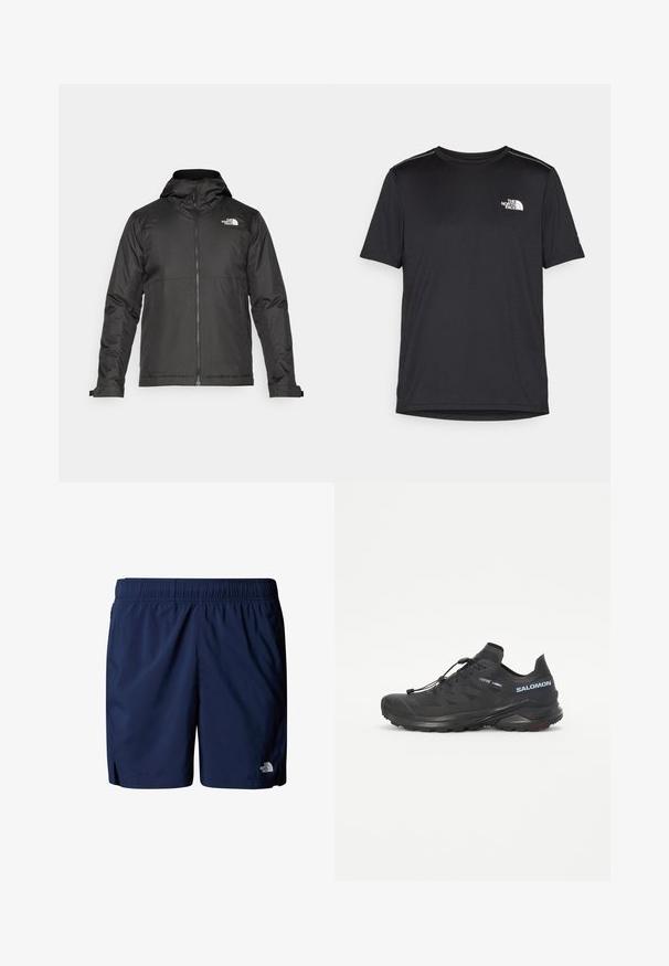 Melna zip-up jakas ar kapuci, izgatavota no gludas auduma. Tajā ir logo uz krūtīm un regulējami aproces, lai nodrošinātu ciešu piegulšanu.; Melnas īsām piedurknēm T-kreklas, izgatavots no viegla auduma. Uz kreisā krūtīm ir neliels balts logo un smalki plecu akcenti.; Lietnavs zila peldkostīmu šorti, izgatavoti no viegla auduma, ar elastīgu jostasvietu, sānu kabatām un mazu logo apakšējā priekšpusē.; Melna taku skriešanas apava ar teksturētu augšdaļu, elastīgām auklām un Contagrip zoli. Iekļauj ciešu piegulšanu un aizsargājošu pirkstu daļu.