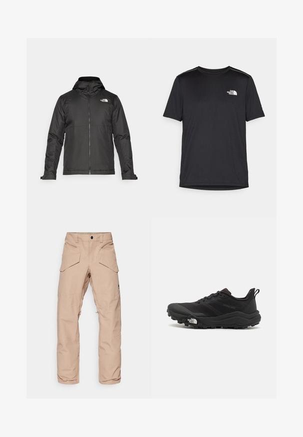 Casaco preto com fecho éclair e capuz, feito de tecido suave. Apresenta um logotipo no peito e punhos ajustáveis para um encaixe perfeito.; T-shirt preto de manga curta feito de um tecido leve. Apresenta um pequeno logo branco ao lado esquerdo do peito e detalhes subtis nos ombros.; Calças cargo de tom bege claro com um tecido resistente à água, apresentando múltiplos bolsos, joelhos reforçados e uma perna inferior com fecho zip para ajustabilidade.; Sapatilha de trail running preta com um upper texturizado, sola de borracha e biqueira reforçada. Possui um colarinho acolchoado e uma alça para facilitar o calçar.