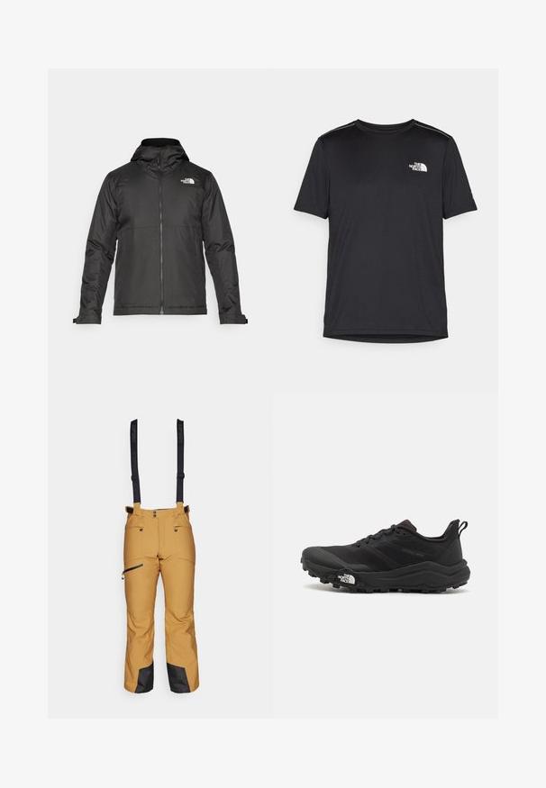 Fekete zipzáras dzseki, kapucnival, sima anyagból készült. A mellkasán logóval és állítható mandzsettákkal rendelkezik a kényelmes illeszkedés érdekében.; Fekete, rövid ujjú póló, könnyű anyagból készült. Bal mellen egy kis fehér logó található, és finom vállrész kiemelések.; Sárga hó nadrág fekete állítható vállpántokkal. Cipzáras zsebekkel és fekete díszítéssel a lábszáraknál. Egyenes szárú kialakítás. Vízálló anyag.; Fekete terepfutó cipő, textúrált felső résszel, gumitalppal és megerősített lábujjrészével. Párnázott bokarésszel és húzófüllel rendelkezik a könnyű felhúzáshoz.