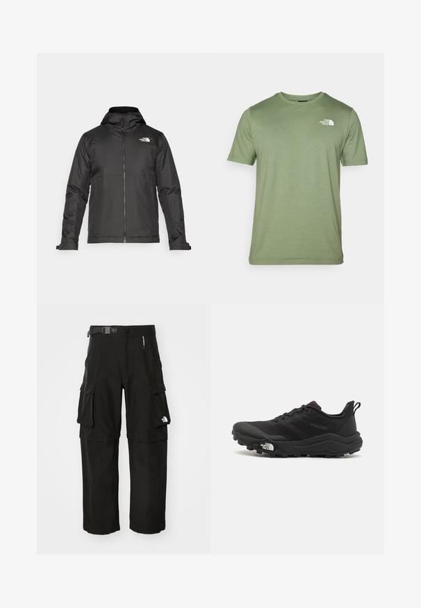 Jachetă neagră cu fermoar și glugă, realizată dintr-un material neted. Prezintă un logo pe piept și manșete ajustabile pentru o potrivire strânsă.; Tricou scurt cu mânecă, de culoare verde măsliniu, fabricat dintr-un material moale. Dispune de un guler rotund și un logo alb pe partea stângă a pieptului. Textură netedă pe toată suprafața.; Pantaloni cargo negri din țesătură rezistentă, cu multiple buzunare, curea și un logo pe piciorul inferior. Croială dreaptă cu o textură netedă.; Pantofii de alergare pe teren accidentat, de culoare neagră, cu un superior texturat, talpă din cauciuc și vârf întărit. Prezintă un guler căptușit și o bandă de prindere pentru îmbrăcare ușoară.