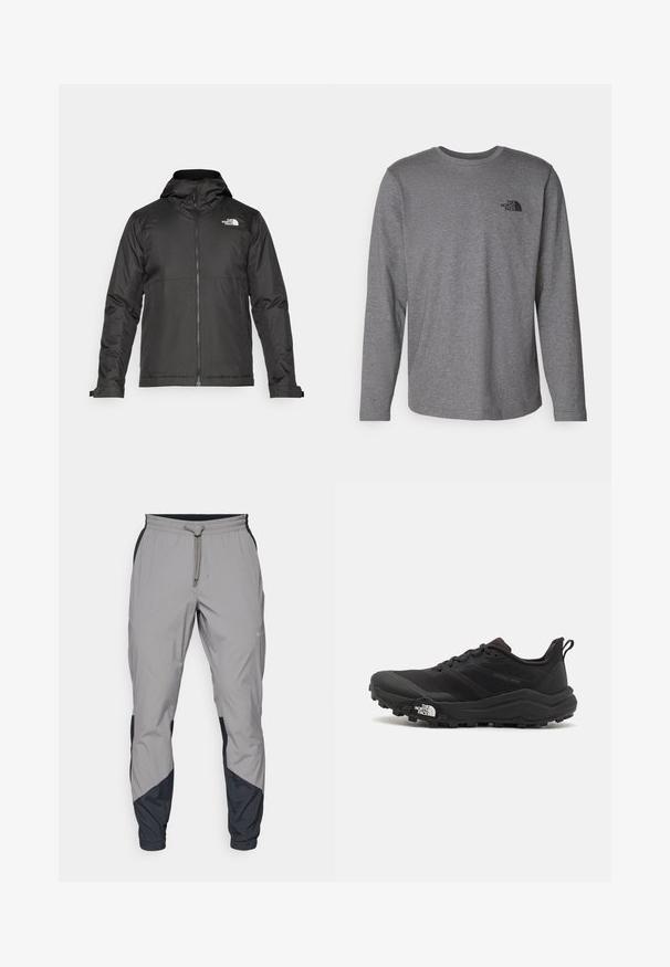 Černá zipová bunda s kapucí, vyrobená z hladké tkaniny. Obsahuje logo na hrudi a nastavitelné manžety pro pohodlné nošení.; The North Face M L/S SIMPLE DOME TEE - Top s dlouhým rukávem - medium grey heather; Lehké šedé sportovní kalhoty s černými detaily. Elastický pas, stahovací šňůrka, tapered nohavice a boční kapsy.; Černé trailové běžecké boty s texturovaným svrškem, gumovou podrážkou a vyztuženou špičkou. Obsahují polstrovaný límec a poutko pro snadné obouvání.
