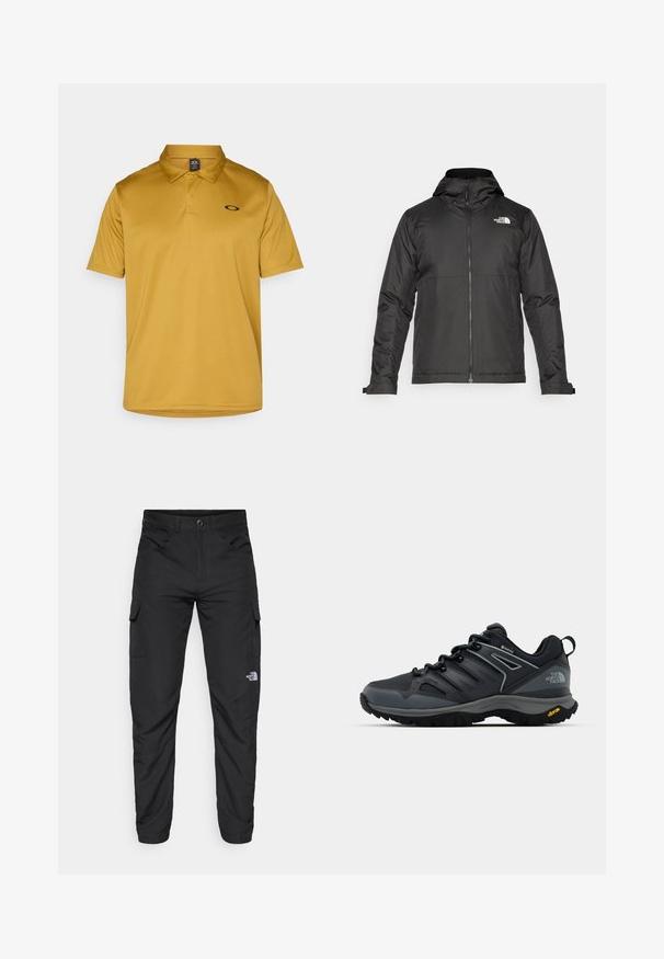 Musta vetoketjullinen takki, jossa on huppu ja joka on valmistettu sileästä kankaasta. Takissa on logo rinnassa ja säädettävät hihansuut tiiviin istuvuuden saavuttamiseksi.; Lyhythihainen polo-paita sinapinkeltaisena, valmistettu sileästä kankaasta, jossa on klassinen kaulus ja pieni musta logo rinnassa.; The North Face HORIZON PANT - Ulkohousut - black; Musta vaelluskenkä, jossa on hengittävä yläosa, teksturoituja yksityiskohtia, kumipohja ja heijastavia yksityiskohtia. Varressa on Vibram-logo.