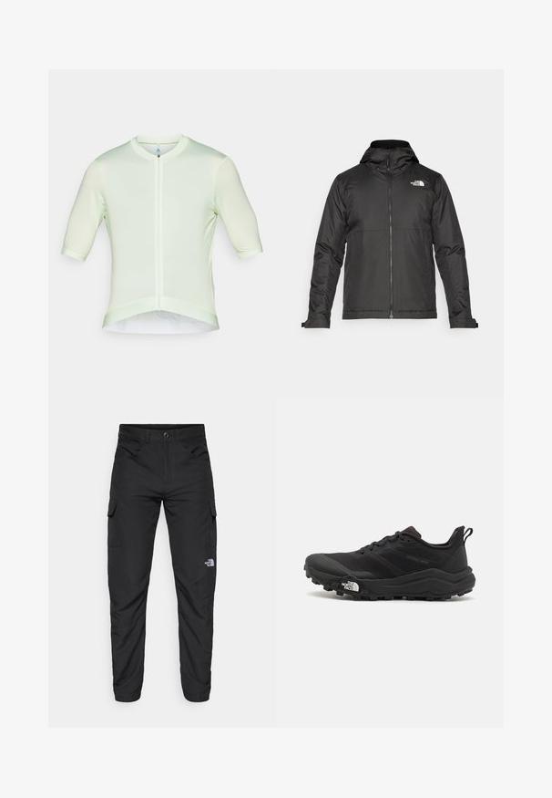 Casaco preto com fecho éclair e capuz, feito de tecido suave. Apresenta um logotipo no peito e punhos ajustáveis para um encaixe perfeito.; Top de mangas curtas em verde claro, feito de tecido suave com fecho de zip, apresentando um decote arredondado e um design texturizado nas mangas.; The North Face HORIZON PANT - Calças para exterior - black; Sapatilha de trail running preta com um upper texturizado, sola de borracha e biqueira reforçada. Possui um colarinho acolchoado e uma alça para facilitar o calçar.