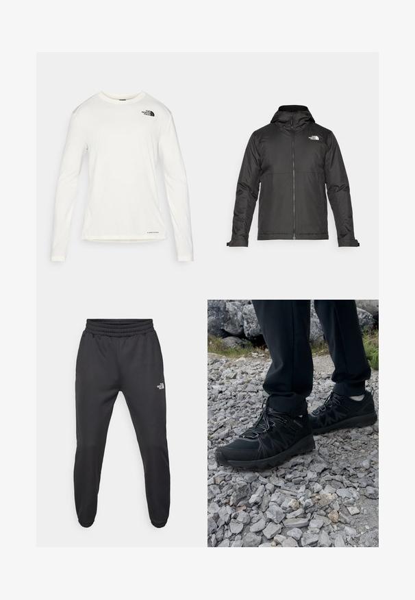 Zwarte zip-up jas met een capuchon, gemaakt van gladde stof. Heeft een logo op de borst en verstelbare manchetten voor een comfortabele pasvorm.; Witte overhemd met lange mouwen en een ronde hals, geweven stof, zwart logo op de linker schouder, en subtiele branding aan de onderkant.; Zwarte sweatpants met een trekkoord in de taille, tapered fit, elastische boorden en een klein wit logo op de linker dij, gemaakt van gladde stof.; Zwarte buitenschoenen van mesh en synthetisch materiaal, met een gestructureerd bovenwerk, een beveiligd vetersysteem en een robuuste zool, op een ruig terrein.