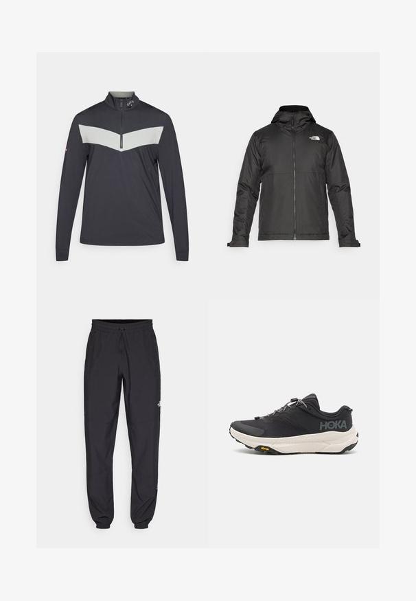 Černá zipová bunda s kapucí, vyrobená z hladké tkaniny. Obsahuje logo na hrudi a nastavitelné manžety pro pohodlné nošení.; Pulovr s čtvrtovým zipem v tmavě šedé barvě s rukávem dlouhým a světlým šedým chevronovým vzorem na prsou. Je vyroben z texturované tkaniny.; Černé sportovní kalhoty vyrobené z lehké tkaniny, s páskem na šňůrku, bočními kapsami a zúženými manžetami na kotnících.; Černá atletická bota s texturovaným svrškem, šedými akcenty, reflexními detaily a silnou bílou podrážkou s logem Vibram.