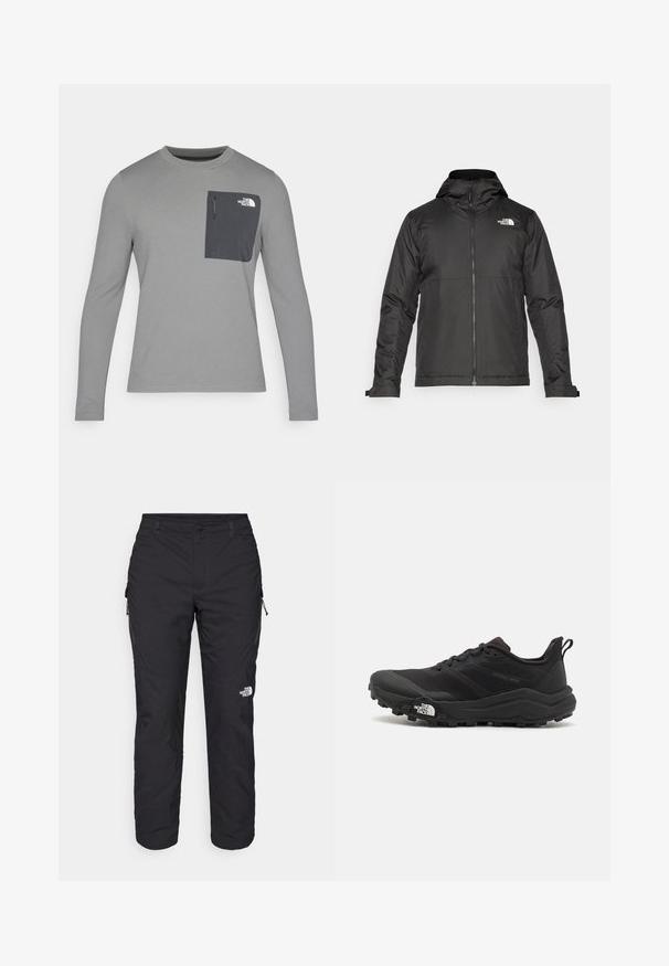 Crna majica sa zatvaračem i kapuljačom, izrađena od glatke tkanine. Ima logo na prsima i podesive manžete za udobno pristajanje.; Siva košulja dugih rukava od teksturiranog materijala, s tamnosivom džepom na prsima i zatvaranjem na patentni zatvarač. Na džepu je logo u bijeloj boji.; The North Face WINTER EXPLORATION TAPERED CARGO - Hlače za otvoreno - black; Crne trail trkačke cipele s teksturiranim gornjim dijelom, gumeni potplat i ojačana zaštita za prste. Imaju podstavljen ovratnik i trakicu za lakše obuvanje.