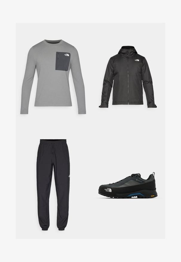 Čierna zipsová bunda s kapucňou, vyrobená z hladkej látky. Má logo na hrudi a nastaviteľné manžety pre tesné obopnutie.; Dlhý rukáv šedá košeľa s textúrovanou tkaninou, s tmavošedou náprsní kapsou a zipsom. Logo na kapse v bielej farbe.; Čierne športové nohavice vyrobené z ľahkej tkaniny, s elastickým pásom na šnurovanie, bočnými vreckami a zúženými manžetami na členkoch.; The North Face VERTO ALPINE GORE TEX - Turistické topánky - asphalt grey/tnf black