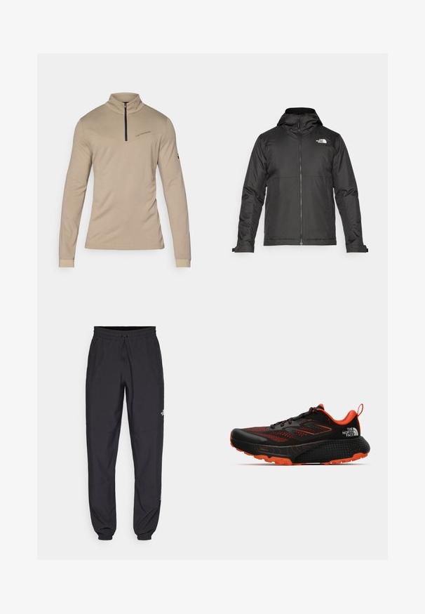 Crna majica sa zatvaračem i kapuljačom, izrađena od glatke tkanine. Ima logo na prsima i podesive manžete za udobno pristajanje.; Bež košulja dugih rukava s visokim ovratnikom i polufermom. Ima dijagonalni šav i suptilno brendiranje na prsima. Glatka tekstura.; Crne sportske hlače od lagane tkanine, s pojasom na vezanje, bočnim džepovima i suženim manžetama na gležnjevima.; Crne trkaće tenisice s crvenim detaljima; prozračna mrežasta gornja strana, teksturirani potplat i podstavljeni ovratnik; sadrži logotip i gumeni vrh cipele.