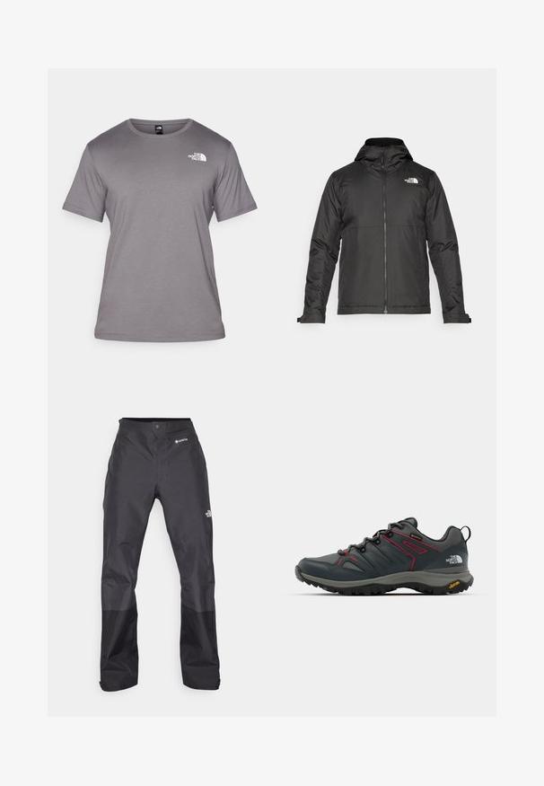 Juoda zip-up striukė su kapišonu, pagaminta iš lygios medžiagos. Yra logotipas ant krūtinės ir reguliuojamos rankogaliai, užtikrinantys tvirtą prigludimą.; Pilkos spalvos trumpomis rankovėmis marškinėliai, pagaminti iš švelnios medžiagos. Turi apvalų iškirpimą ir nedidelį baltą logotipą viršutiniame kairiajame kampe.; Juodos vandeniui atsparios kelnės su lygiu paviršiumi, su GORE-TEX logotipu priekyje ir sustiprintomis apačiomis dėl ilgaamžiškumo.; Pilkos žygio bateliai su raudonais akcentais, tinklelio ir sintetinė viršutinė dalis, raištelių sistema, ir Vibram padas, užtikrinantis sukibimą. Įrengti Gore-Tex technologija vandens atsparumui.