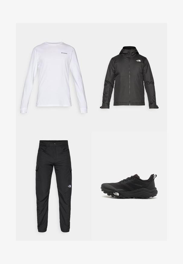 Juoda zip-up striukė su kapišonu, pagaminta iš lygios medžiagos. Yra logotipas ant krūtinės ir reguliuojamos rankogaliai, užtikrinantys tvirtą prigludimą.; Ilga rankovė balta medvilninė marškinėliai, turinti apvalią iškirptę ir mažą juodą Columbia logotipą ant krūtinės. Minkšta tekstūra, prigludęs dizainas.; The North Face HORIZON PANT - Lauko kelnės - black; Juoda bėgimo batai su tekstūruotu paviršiumi, guma padais ir sustiprinta pirštų dalimi. Yra paminkštinta apykaklė ir kilpos, leidžiančios lengvai užsidėti.