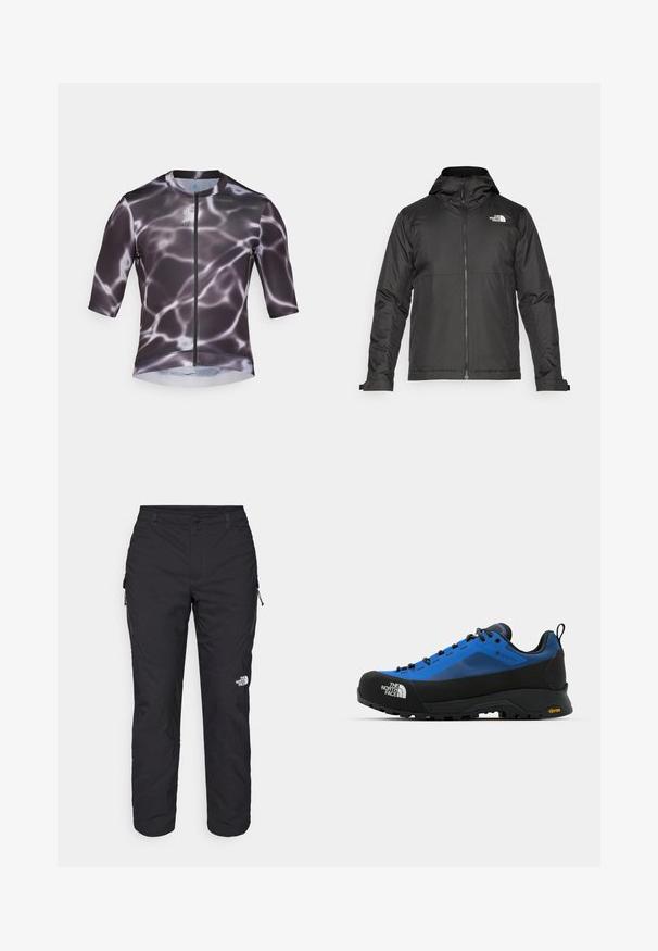 Črna zip-up jakna s kapuco, izdelana iz gladkega materiala. Ima logo na prsih in nastavljive manšete za udobno prileganje.; Kratkoročna kolesarska majica v črni in sivi barvi z vodnim vzorcem, ki ima sprednji zadrgo in gladko, raztegljivo tkanino.; The North Face WINTER EXPLORATION TAPERED CARGO - Hlače za na prostem - black; The North Face VERTO ALPINE GORE TEX - Pohodniški čevlji - hero blue/tnf black