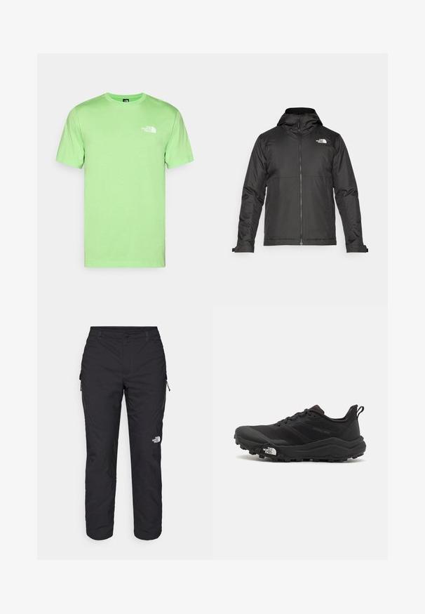 Czarna kurtka zapinana na zamek z kapturem, wykonana z gładkiego materiału. Posiada logo na piersi oraz regulowane mankiety zapewniające dopasowanie.; Miętowa bawełniana koszulka z okrągłym dekoltem i krótkimi rękawami. Posiada białe logo na lewej piersi. Gładka tekstura, luźny krój.; The North Face WINTER EXPLORATION czarny; Czarne buty do biegania w terenie z teksturowaną cholewką, gumową podeszwą i wzmocnionym noskiem. Posiadają wyściełany kołnierz oraz uchwyt do łatwego zakładania.