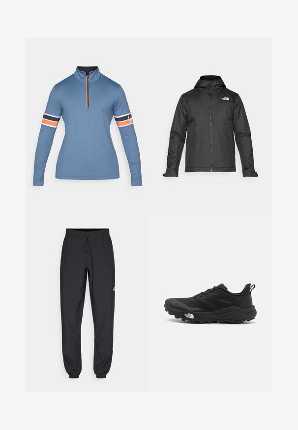 Svart zip-up jakke med hette, laget av glatt materiale. Har et logo på brystet og justerbare mansjetter for en tett passform.; Langermet genser i lyseblå stoff, med høy krage og kvart-zip. Har oransje, svart og hvite striper på ermene.; Sorte idrettsbukser laget av lett stoff, med snor i livet, sidelommer og smale mansjetter ved anklene.; Svart terrengløpesko med teksturert overdel, gummisåle og forsterket tåhette. Har polstret krage og løftestropp for enkel påkledning.