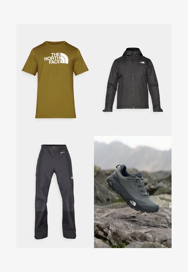 Schwarze Zip-Jacke mit Kapuze, aus glattem Stoff. Verfügt über ein Logo auf der Brust und verstellbare Bündchen für einen engen Sitz.; Olivgrünes Baumwoll-T-Shirt mit einem weißen Logo-Druck von "THE NORTH FACE" und geschwungenen Designelementen auf der Vorderseite. Runder Ausschnitt, kurze Ärmel.; Schwarze wasserdichte Hose mit glatter Textur, ausgestattet mit einem GORE-TEX-Logo auf der Vorderseite und verstärkten Unterschenkeln für zusätzliche Haltbarkeit.; Grau Trailrunning-Schuh mit einer strukturierten Oberseite, haltbarer Gummisohle und verstärkter Zehenkappe. Verfügt über Schnürsenkel und ein Markenlogo an der Seite.
