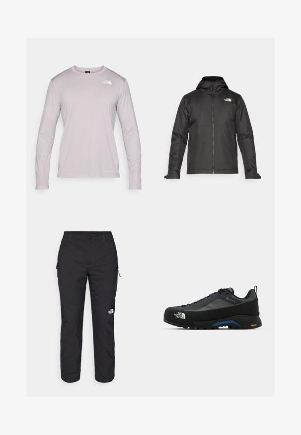 Črna zip-up jakna s kapuco, izdelana iz gladkega materiala. Ima logo na prsih in nastavljive manšete za udobno prileganje.; Svetlo vijolična majica z dolgimi rokavi, izdelana iz teksturirane, zračne tkanine. Ima okroglo ovratnico in majhen logotip na zgornjem levem delu prsnega koša.; The North Face WINTER EXPLORATION TAPERED CARGO - Hlače za na prostem - black; The North Face VERTO ALPINE GORE TEX - Pohodniški čevlji - asphalt grey/tnf black