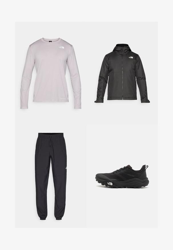 Black zip-up jacket with a hood, made of smooth fabric. Features a logo on the chest and adjustable cuffs for a snug fit.; Light purple long-sleeve shirt made of textured, breathable fabric. Features a round neckline and small logo on the upper left chest.; Black athletic pants made from lightweight fabric, featuring a drawstring waistband, side pockets, and tapered cuffs at the ankles.; Black trail running shoe with a textured upper, rubber sole, and reinforced toe cap. Features a padded collar and pull tab for easy wear.