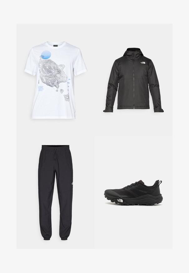 Musthave musta kapuutsiga fliisjakk, mis on valmistatud siledast kangast. Uhkeldab rindkere kohal oleva logoga ning reguleeritavate mansettidega, et tagada mugav ja tihe istuvus.; Valge puuvillane T-särk, millel on must ja sinine topograafiline kaart, koos tekstelementide ja ümmarguse sinise detailiga. Lühikesed varrukad.; Mustavad sportlikud püksid, mis on valmistatud kergest kangast, joonlauaga taljest, küljetaskudega ja kitsenevate varrukatega pahkluude juures.; Must tume jooksujalats musta värvi, tekstuurse ülemise osaga, kummist tallaga ja tugevdatud varbaga. Omab pehmendusega krae ja tõmblinti mugavaks selga panemiseks.