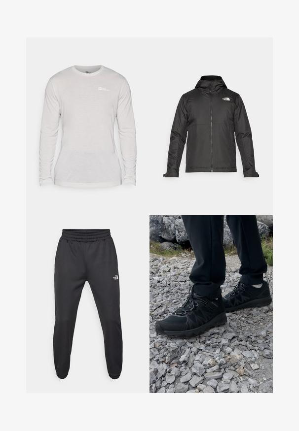 Schwarze Zip-Jacke mit Kapuze, aus glattem Stoff. Verfügt über ein Logo auf der Brust und verstellbare Bündchen für einen engen Sitz.; Langarmhemd aus weichem weißen Stoff, mit rundem Ausschnitt und dezentem Logodetail auf der Brust, eleganten Bündchen und geradem Saum.; Schwarze Jogginghose mit verstellbarem Bund, schlanker Passform, elastischen Bündchen und einem kleinen weißen Logo am linken Oberschenkel, hergestellt aus glattem Stoff.; Schwarze Outdoor-Schuhe aus Mesh und synthetischem Material, mit einer strukturierten Oberseite, gesichertem Schnürsystem und griffiger Laufsohle, auf felsigem Gelände.