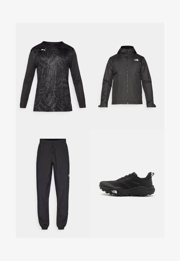 Casaco preto com fecho éclair e capuz, feito de tecido suave. Apresenta um logotipo no peito e punhos ajustáveis para um encaixe perfeito.; Camisa atlética de manga longa em preto com um padrão zigzag texturizado, apresentando um decote redondo e um logo em destaque em branco na frente.; Calças atléticas pretas feitas de tecido leve, com um cós ajustável por cordão, bolsos laterais e punhos afunilados nos tornozelos.; Sapatilha de trail running preta com um upper texturizado, sola de borracha e biqueira reforçada. Possui um colarinho acolchoado e uma alça para facilitar o calçar.
