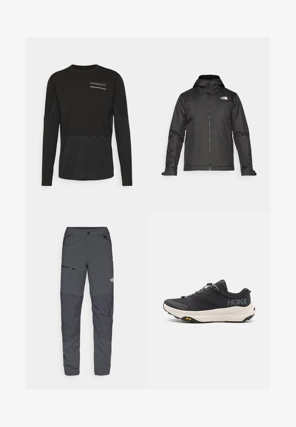 Svart zip-up jakke med hette, laget av glatt materiale. Har et logo på brystet og justerbare mansjetter for en tett passform.; Norrøna SENJA EQUALISER LIGHTWEIGHT LONG SLEEVE - Topper langermet - caviar; Grå utendørsbukser med en glatt tekstur, som har en glidelåslomme på siden, forsterkede knepartier og en subtil logo-detalj.; Svart treningssko med teksturert overdel, grå detaljer, reflekterende elementer og en tykk hvit såle med Vibram-merke.