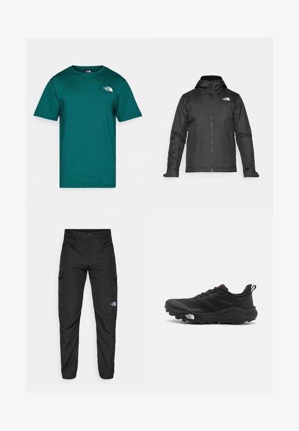 Chaqueta negra con cremallera y capucha, hecha de un tejido suave. Cuenta con un logo en el pecho y puños ajustables para un ajuste ceñido.; Camiseta de algodón en color verde azulado con cuello redondo y mangas cortas. Presenta un logotipo blanco en la parte superior izquierda del pecho y tiene una textura de tela suave.; The North Face HORIZON PANT - Pantalones montañeros largos - black; Zapatilla de trail running negra con upper texturizado, suela de goma y puntera reforzada. Presenta un collar acolchado y una lengüeta para poner y quitar fácilmente.