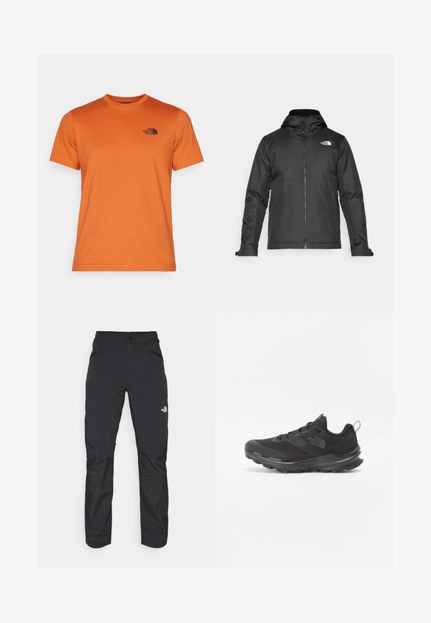 Čierna zipsová bunda s kapucňou, vyrobená z hladkej látky. Má logo na hrudi a nastaviteľné manžety pre tesné obopnutie.; The North Face M SS SIMPLE DOME TEE - Športové tričko - earthen copper; Čierne vonkajšie nohavice so zipsovým predným vreckom, vyrobené z syntetického materiálu, zúžené nohy a vy reforcované panely kolien. Obsahujú zapínanie na gombík.; Čierna športová obuv s vrchnou časťou z jemnej sieťoviny, gumovou podrážkou a polstrovaným golierom. Obsahuje šnúrky, logo na strane a textúrovaný dizajn.