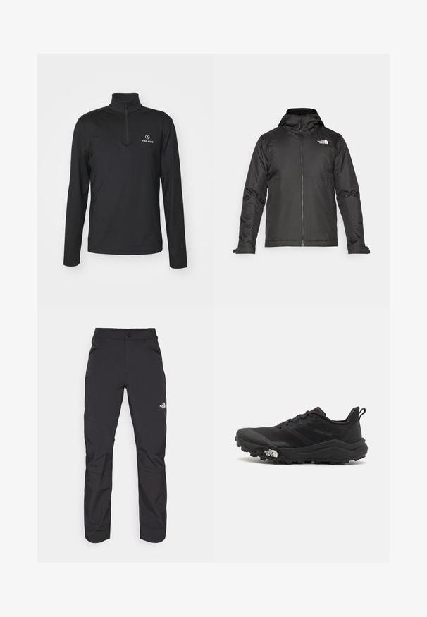 Black zip-up jacket with a hood, made of smooth fabric. Features a logo on the chest and adjustable cuffs for a snug fit.; Bogner Fire + Ice PASCAL - Long sleeved top - deepest navy; Black outdoor pants with a zippered front pocket, synthetic material, tapered legs, and reinforced knee panels. Features a button closure.; Black trail running shoe with a textured upper, rubber sole, and reinforced toe cap. Features a padded collar and pull tab for easy wear.