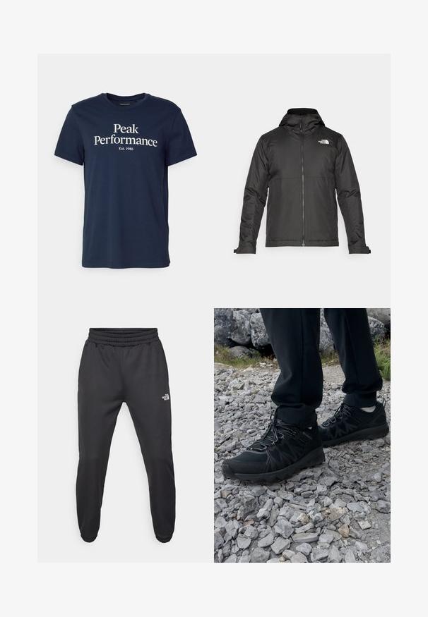 Crna majica sa zatvaračem i kapuljačom, izrađena od glatke tkanine. Ima logo na prsima i podesive manžete za udobno pristajanje.; Navy plava pamučna majica s natpisom "Peak Performance" u bijeloj boji, s "Est. 1986" ispod. Klasični okrugli izrez i kratki rukavi.; Crne trenirke s elastičnom trakicom u struku, suženog kroja, elastičnim manžetama i malim bijelim logom na lijevom bedru, izrađene od glatkog materijala.; Crne vanjske cipele s mrežastim i sintetičkim materijalom, s teksturiranim gornjim dijelom, osiguranim sustavom vezanja i čvrstim potplatom, na stjenovitom terenu.